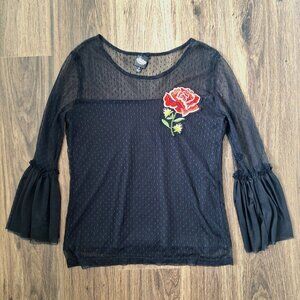 💙 Disney Coco Wide Sleeve Mesh Lined Stretchy Shirt Rose Embroidery Y2K Size S